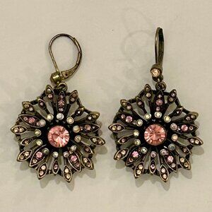 vintage Betsey Johnson bronze-tone earrings with pink and aurora borealis rhines